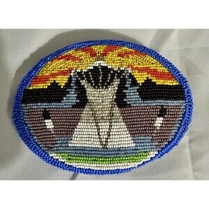 VTG Native American Handmade Beaded Belt Buckle Deer hide Leather Backing
